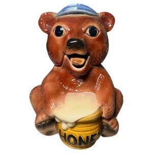 Vintage Ceramic Bear Honey Pot Jar with Lid and Spoon Made in Canada Brown Blue